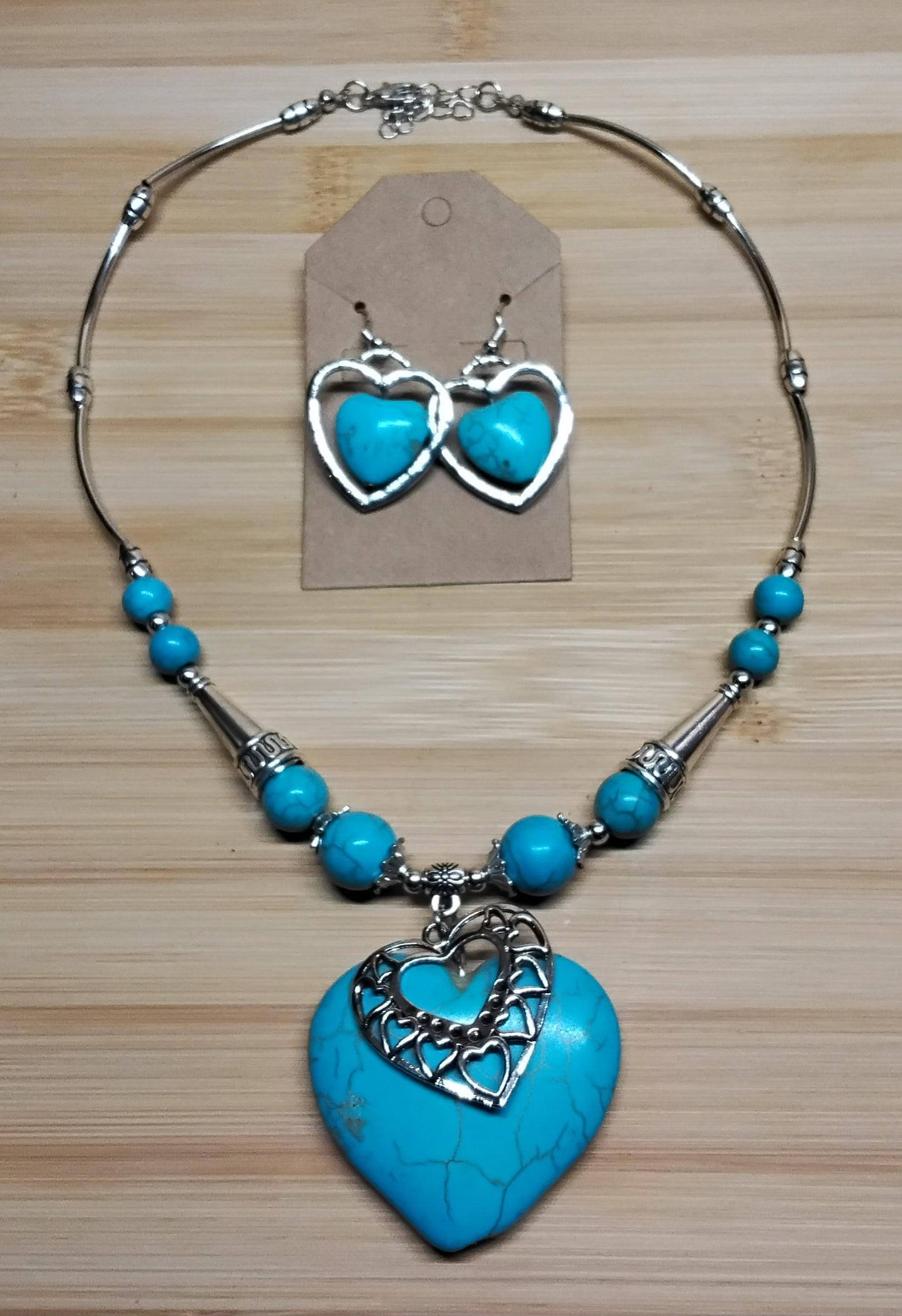 FAUX Turquoise Heart Necklace And Earrings