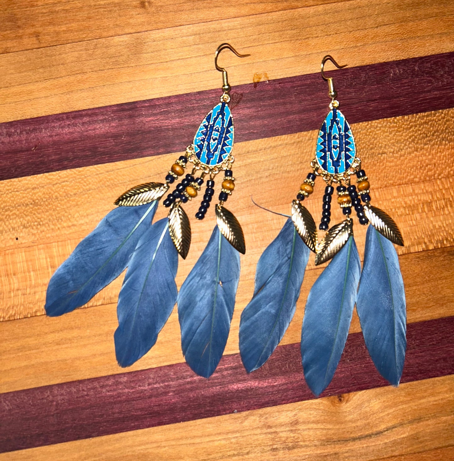 Blue Feather Dangle Earrings